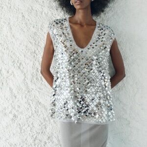 Zara Silver Sequin V-Neck Tank